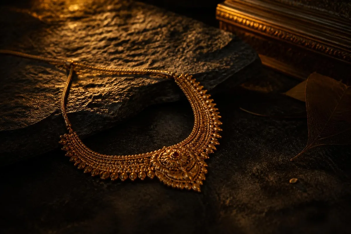 Gold necklace resting on dark stone under warm light